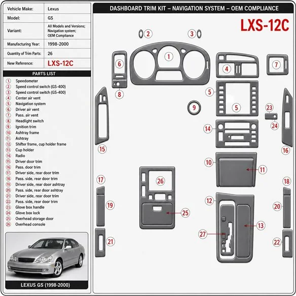 Lexus GS 1998-2000 sistema di navigazione; OEM Compliance kit rivestimento cruscotto e interni 3D 26 pezzi