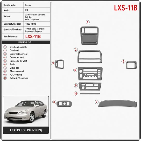 Lexus ES 1999-1999 set completo; OEM Compliance kit rivestimento cruscotto e interni 3D