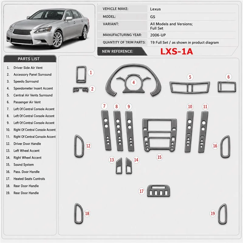 Lexus GS 2006-in poi set completo kit rivestimento cruscotto e interni 3D