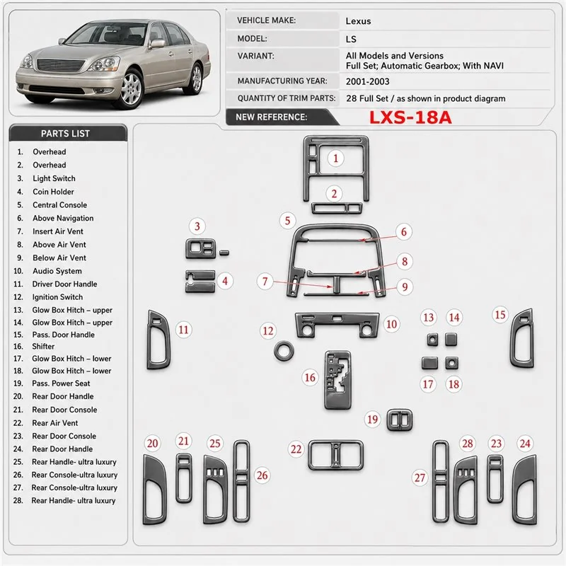 Lexus LS 2001-2003 set completo; cambio automatico; con navigatore kit rivestimento cruscotto e interni 3D