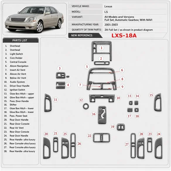 Lexus LS 2001-2003 set completo; cambio automatico; con navigatore kit rivestimento cruscotto e interni 3D