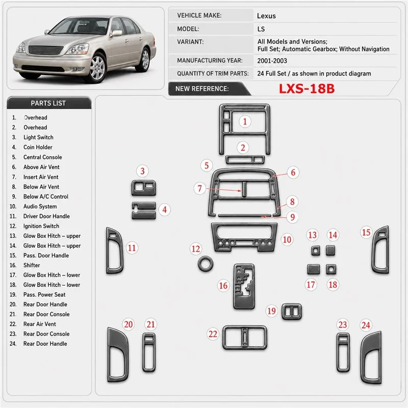 Lexus LS 2001-2003 set completo; cambio automatico; senza navigazione kit rivestimento cruscotto e interni 3D