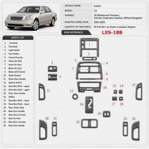 Lexus LS 2001-2003 set completo; cambio automatico; senza navigazione kit rivestimento cruscotto e interni 3D