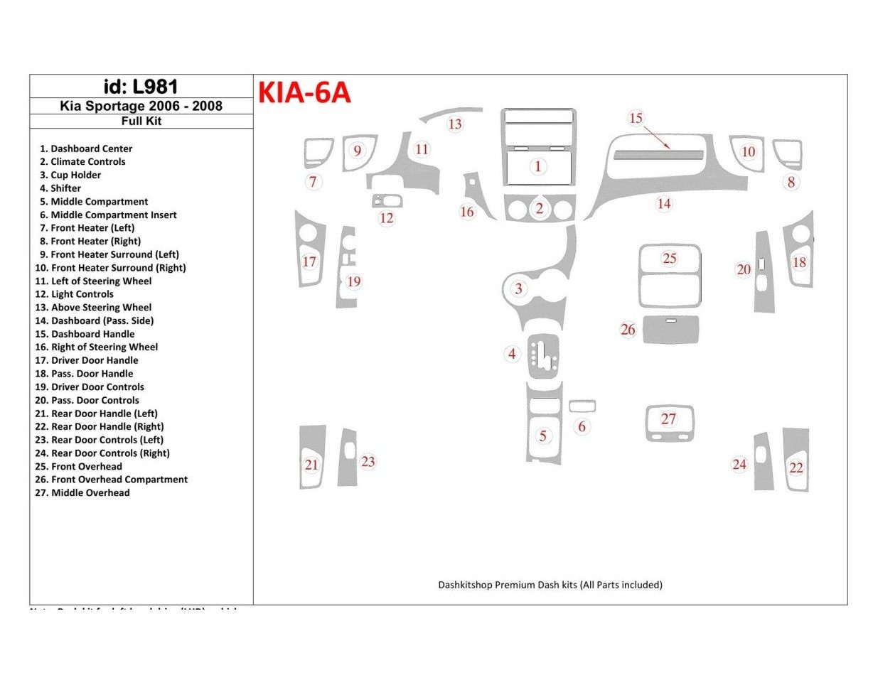 Kia Sportage 2006-2008 Full Set Cruscotto BD Rivestimenti interni