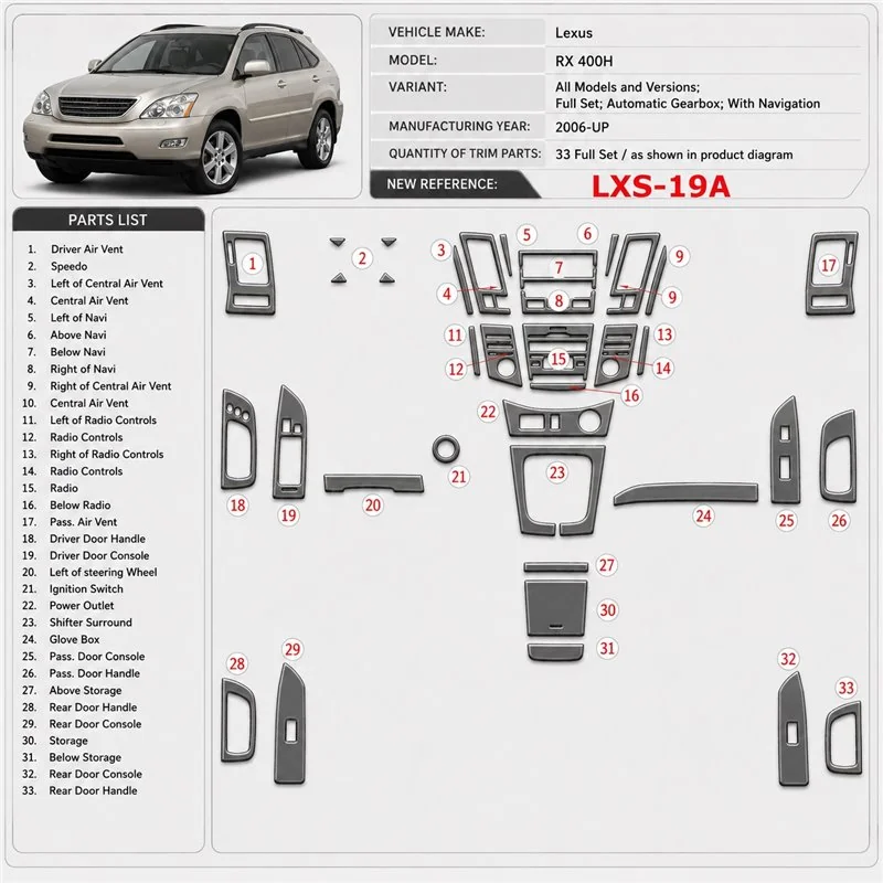 Lexus RX 400H 2006-in poi set completo; cambio automatico; con navigazione kit rivestimento cruscotto e interni 3D