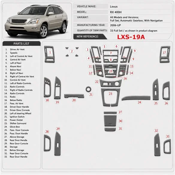 Lexus RX 400H 2006-in poi set completo; cambio automatico; con navigazione kit rivestimento cruscotto e interni 3D