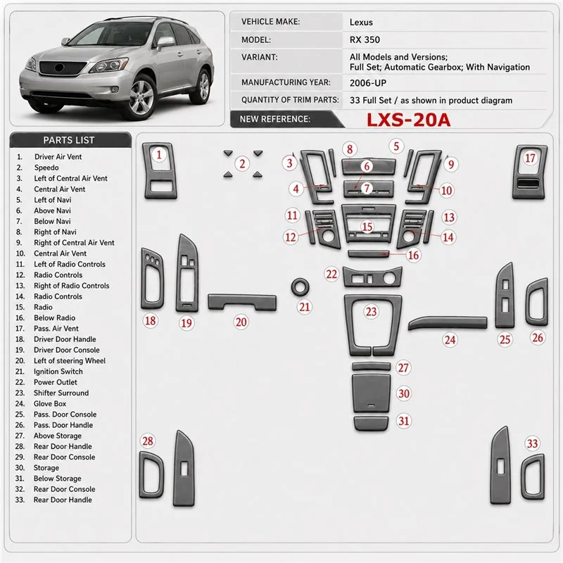 Lexus RX 350 2006-in poi set completo; cambio automatico; con navigazione kit rivestimento cruscotto e interni 3D