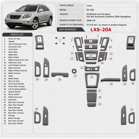 Lexus RX 350 2006-in poi set completo; cambio automatico; con navigazione kit rivestimento cruscotto e interni 3D
