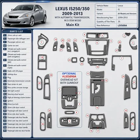 Lexus IS 2009-2013 kit rivestimento cruscotto e interni 3D 35 pezzi