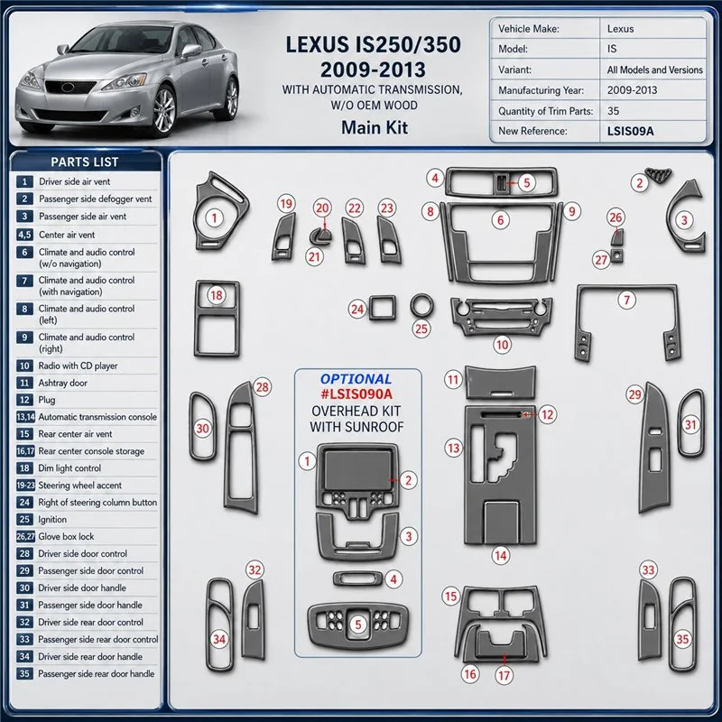 Lexus IS 2009-2013 kit rivestimento cruscotto e interni 3D 35 pezzi
