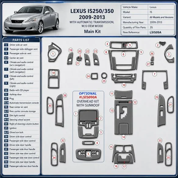 Lexus IS 2009-2013 kit rivestimento cruscotto e interni 3D 35 pezzi