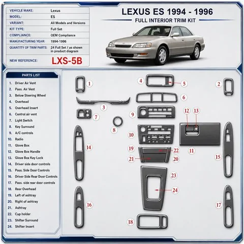 Lexus ES 1994-1996 set completo; OEM Compliance kit rivestimento cruscotto e interni 3D
