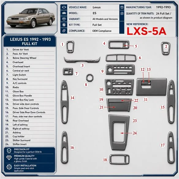 Lexus ES 1992-1993 set completo; OEM Compliance kit rivestimento cruscotto e interni 3D