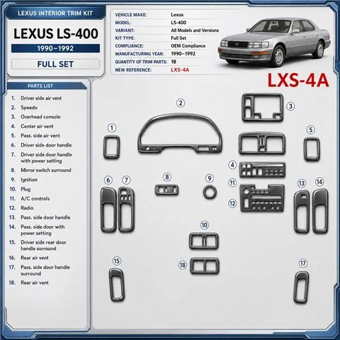 Lexus LS-400 1990-1992 set completo; OEM Compliance kit rivestimento cruscotto e interni 3D 18 pezzi