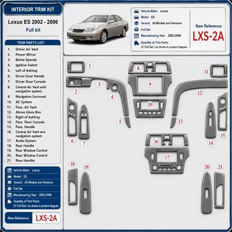Lexus ES 2002-2006 set completo kit rivestimento cruscotto e interni 3D