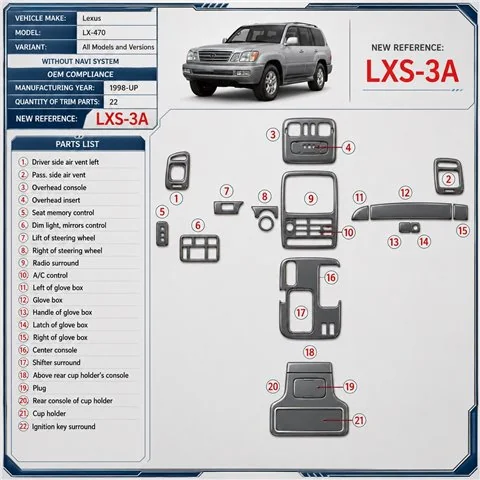 Lexus LX-470 1998-in poi senza sistema di navigazione; OEM Compliance kit rivestimento cruscotto e interni 3D 22 pezzi