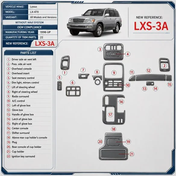 Lexus LX-470 1998-in poi senza sistema di navigazione; OEM Compliance kit rivestimento cruscotto e interni 3D 22 pezzi