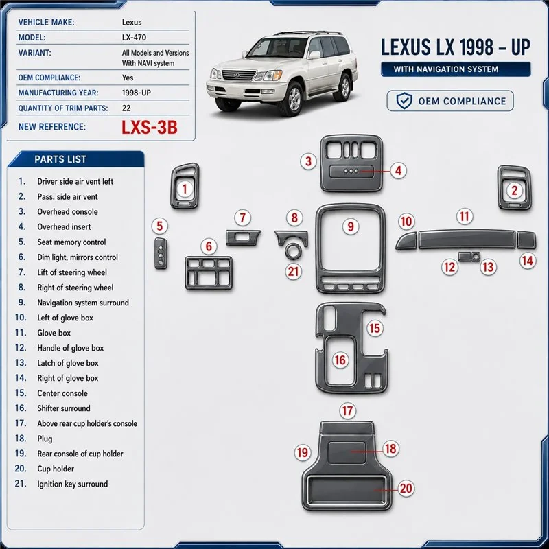 Lexus LX-470 1998-in poi con sistema di navigazione; OEM Compliance kit rivestimento cruscotto e interni 3D 22 pezzi