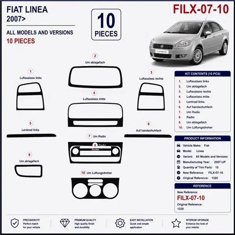 Fiat Linea 2007+ kit cruscotto 3D, 10 pezzi 2