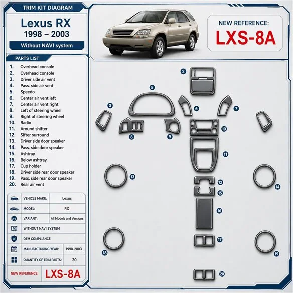 Lexus RX 1998-2003 senza sistema di navigazione; OEM Compliance kit rivestimento cruscotto e interni 3D 20 pezzi