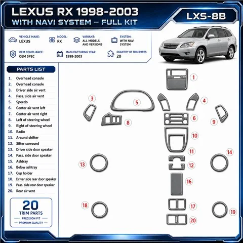 Lexus RX 1998-2003 con sistema di navigazione; OEM Compliance kit rivestimento cruscotto e interni 3D 20 pezzi