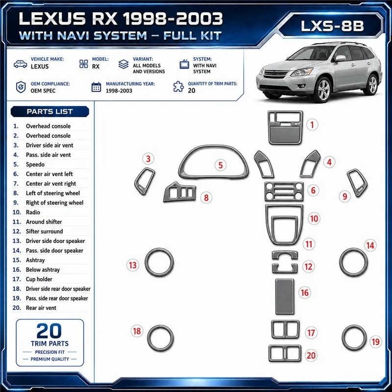 Lexus RX 1998-2003 con sistema di navigazione; OEM Compliance kit rivestimento cruscotto e interni 3D 20 pezzi