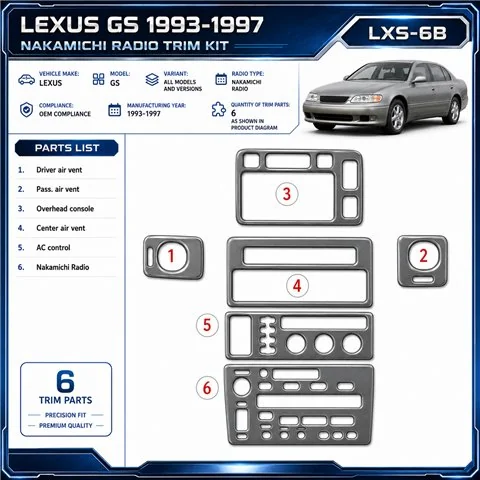 Lexus GS 1993-1997 Nakamichi Radio; OEM Compliance kit rivestimento cruscotto e interni 3D 6 pezzi