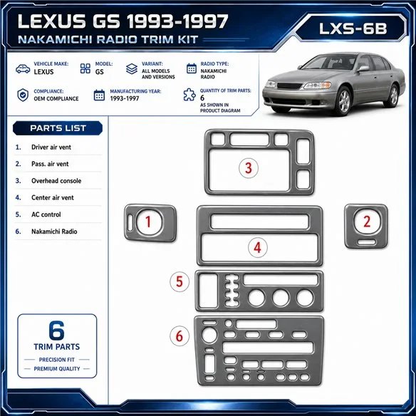 Lexus GS 1993-1997 Nakamichi Radio; OEM Compliance kit rivestimento cruscotto e interni 3D 6 pezzi