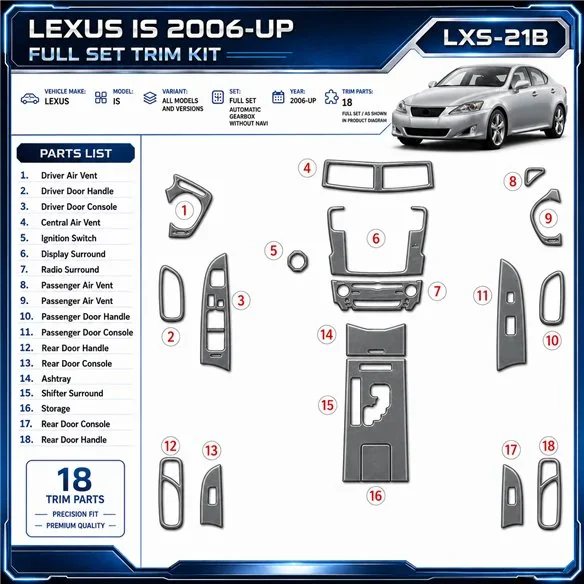 Lexus IS 2006-in poi set completo; cambio automatico; senza navigatore kit rivestimento cruscotto e interni 3D