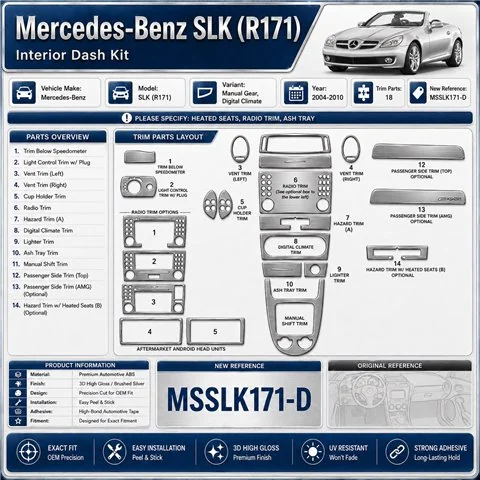 Mercedes-Benz SLK (R171) 2004-2010 kit rivestimento cruscotto e interni 3D 18 pezzi