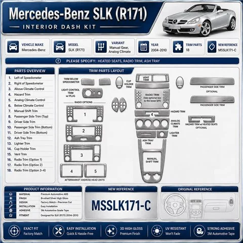 Mercedes-Benz SLK (R171) 2004-2010 kit rivestimento cruscotto e interni 3D 18 pezzi