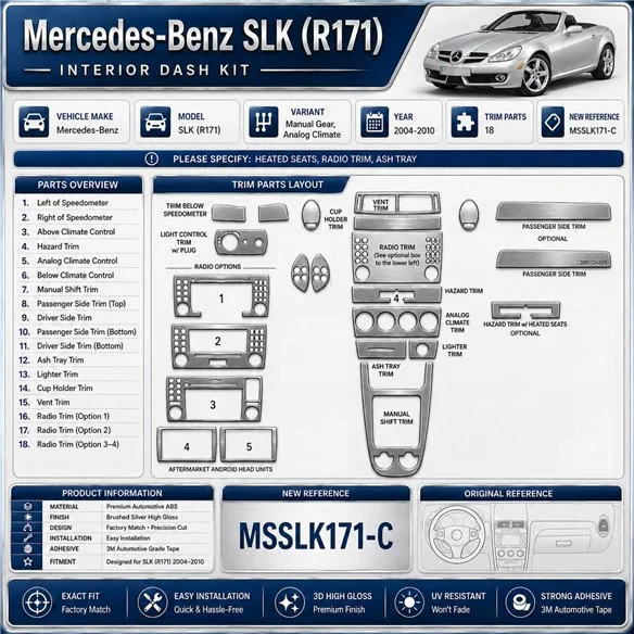 Mercedes-Benz SLK (R171) 2004-2010 kit rivestimento cruscotto e interni 3D 18 pezzi