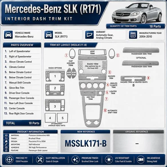 Mercedes-Benz SLK (R171) 2004-2010 kit rivestimento cruscotto e interni 3D 18 pezzi