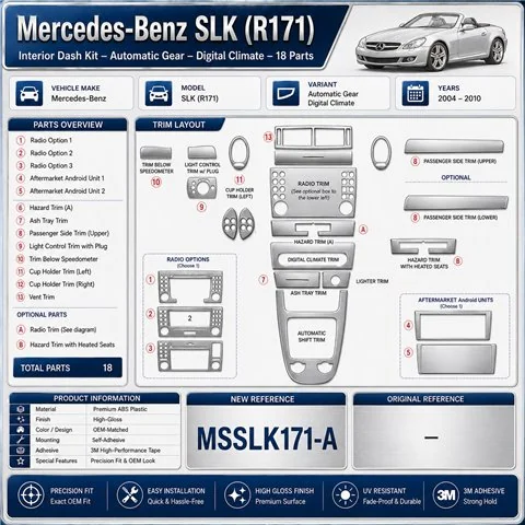Mercedes-Benz SLK (R171) 2004-2010 kit rivestimento cruscotto e interni 3D 18 pezzi