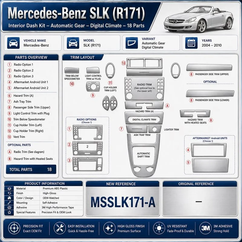 Mercedes-Benz SLK (R171) 2004-2010 kit rivestimento cruscotto e interni 3D 18 pezzi