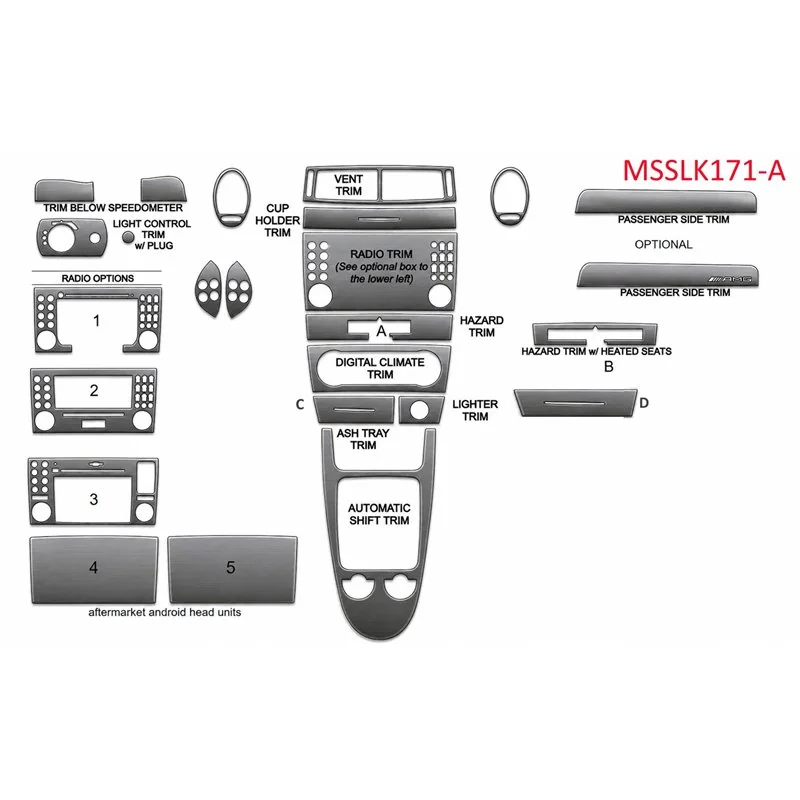 Mercedes-Benz SLK (R171) 2004-2010 kit rivestimento cruscotto e interni 3D 18 pezzi