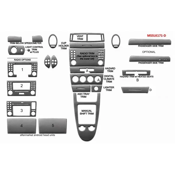 Mercedes-Benz SLK (R171) 2004-2010 kit rivestimento cruscotto e interni 3D 18 pezzi
