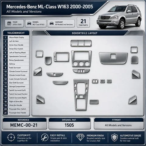Mercedes-Benz ML-Class W163 2000-in poi kit rivestimento cruscotto e interni 3D 21 pezzi
