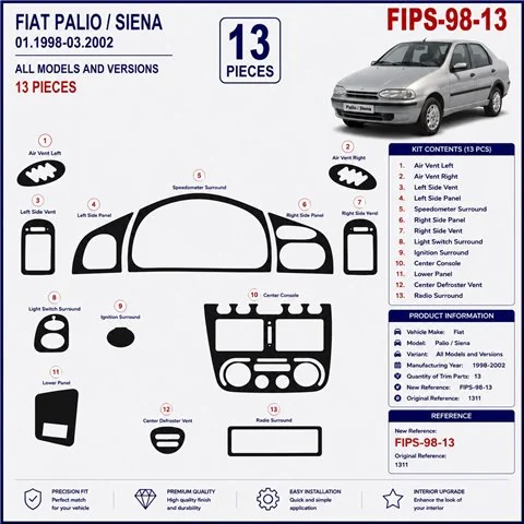 Fiat Palio-Siena 1998-2002 kit cruscotto 3D, 13 pezzi 2