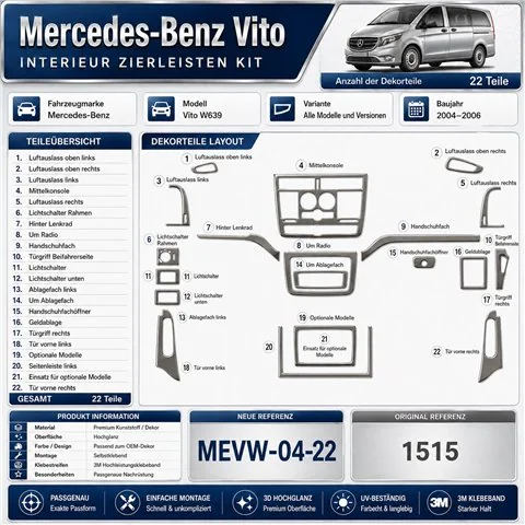 Mercedes-Benz Vito W639 2004-2006 kit rivestimento cruscotto e interni 3D 22 pezzi