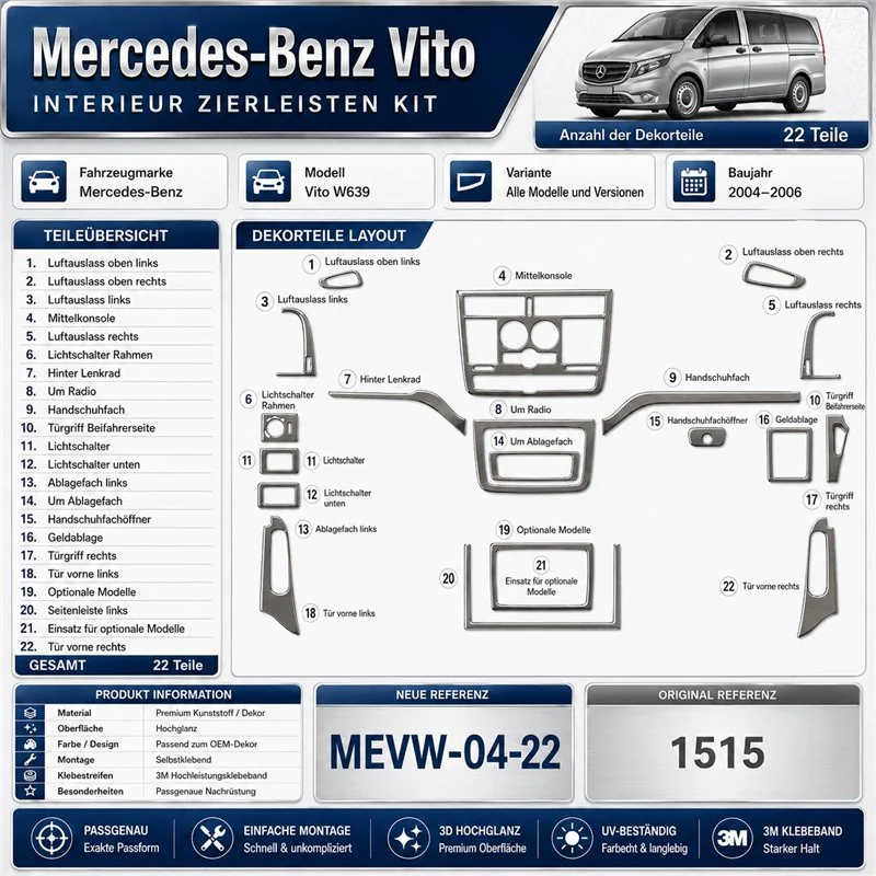 Mercedes-Benz Vito W639 2004-2006 kit rivestimento cruscotto e interni 3D 22 pezzi