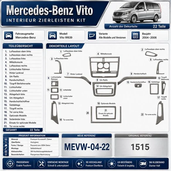 Mercedes-Benz Vito W639 2004-2006 kit rivestimento cruscotto e interni 3D 22 pezzi