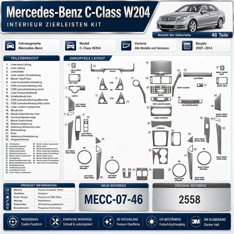 Mercedes-Benz C-Class W204 2007-2014 kit rivestimento cruscotto e interni 3D 46 pezzi