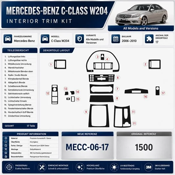 Mercedes-Benz C-Class W204 2006-in poi kit rivestimento cruscotto e interni 3D 17 pezzi