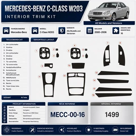Mercedes C-Class W203 2000-2006 kit cruscotto 3D, 16 pezzi 2