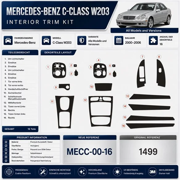 Mercedes-Benz C-Class W203 2000-2006 kit rivestimento cruscotto e interni 3D 16 pezzi