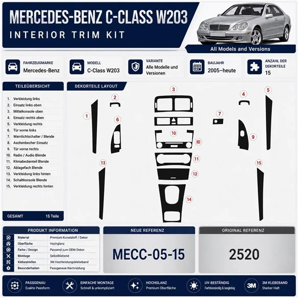 Mercedes-Benz C-Class W203 2005-in poi kit rivestimento cruscotto e interni 3D 15 pezzi