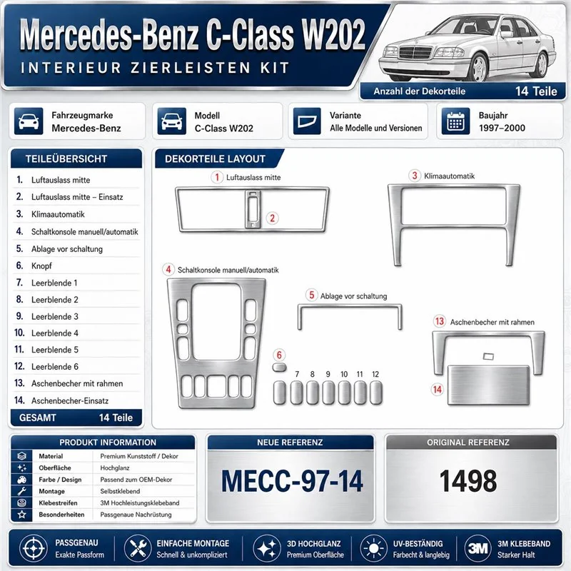 Mercedes-Benz C-Class W202 1997-2000 kit rivestimento cruscotto e interni 3D 14 pezzi