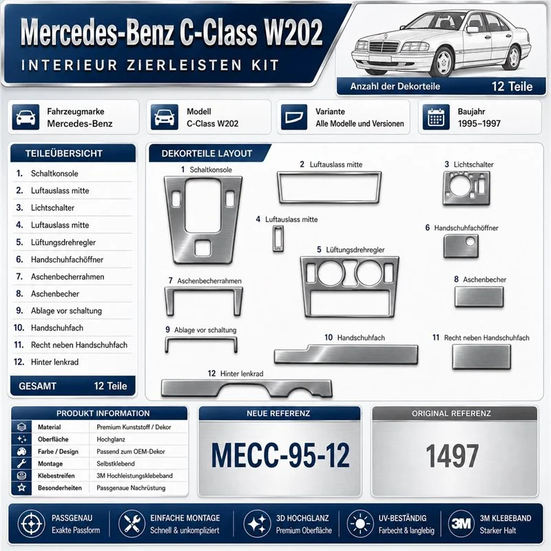 Mercedes-Benz C-Class W202 1995-1997 kit rivestimento cruscotto e interni 3D 12 pezzi