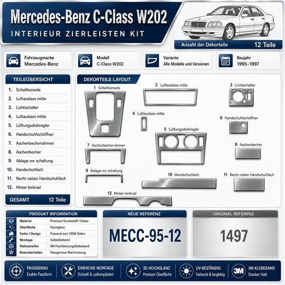 Mercedes-Benz C-Class W202 1995-1997 kit rivestimento cruscotto e interni 3D 12 pezzi